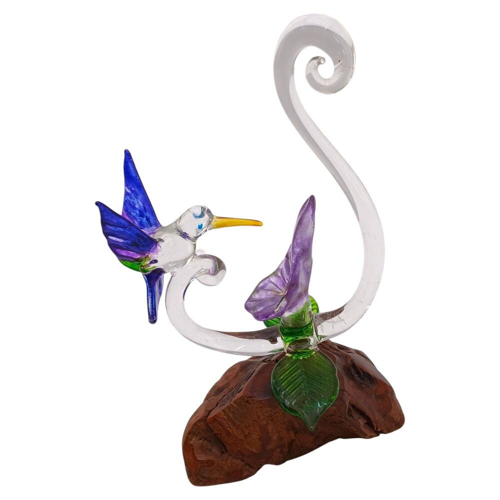 Hummingbird on a Flower Hand Spun Art Glass Figurine 6.25" Tall